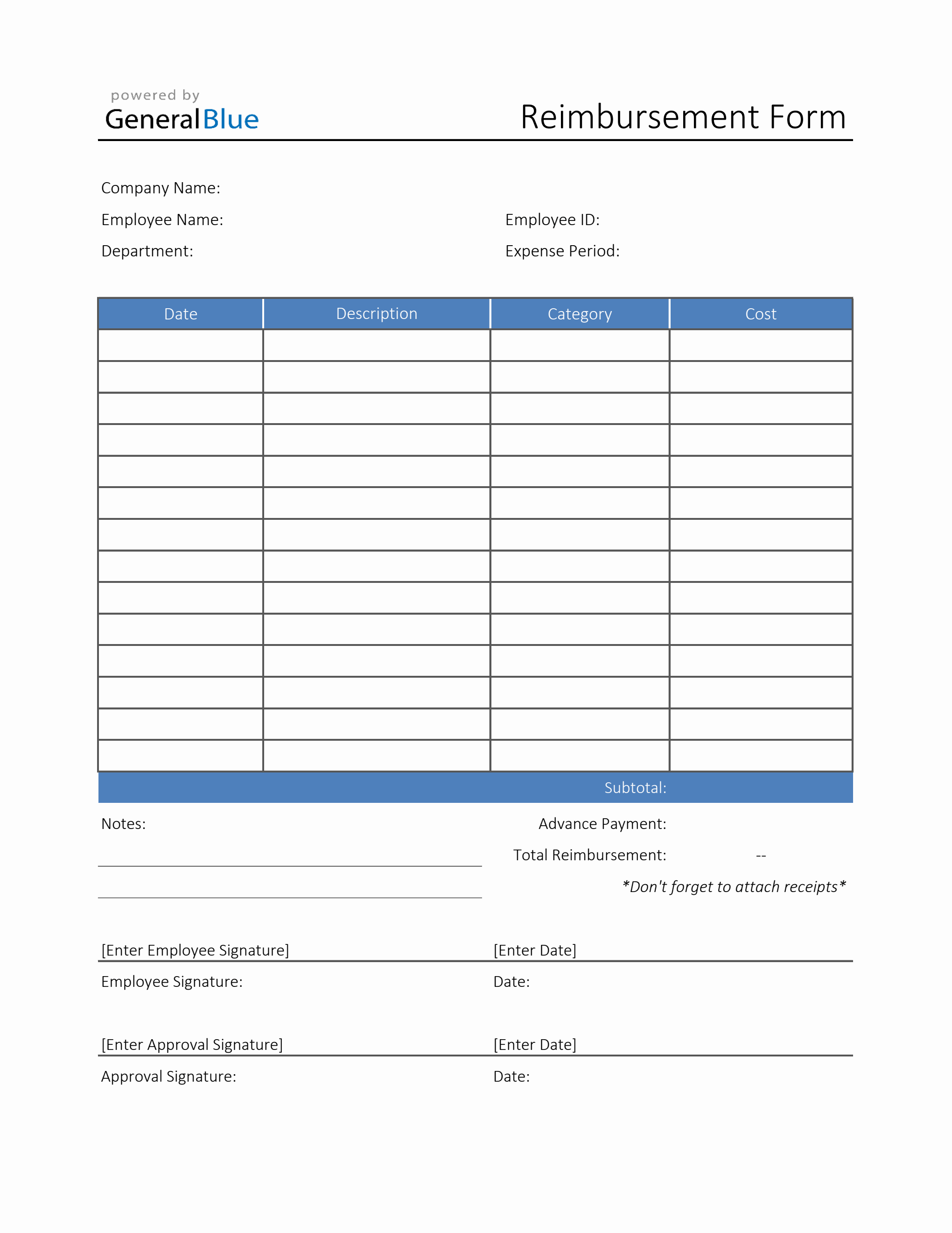Printable Reimbursement Form in Excel (Blue)