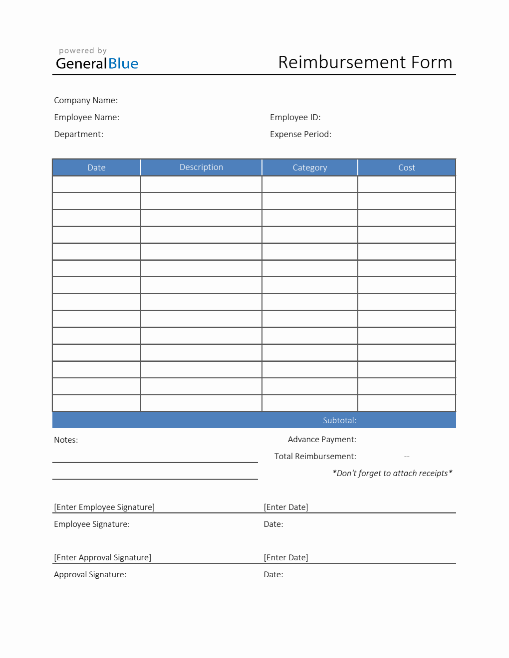 Printable Reimbursement Form in Excel (Blue)