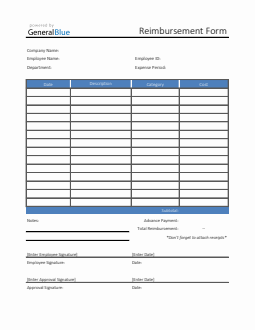 Printable Reimbursement Form in Excel (Blue)