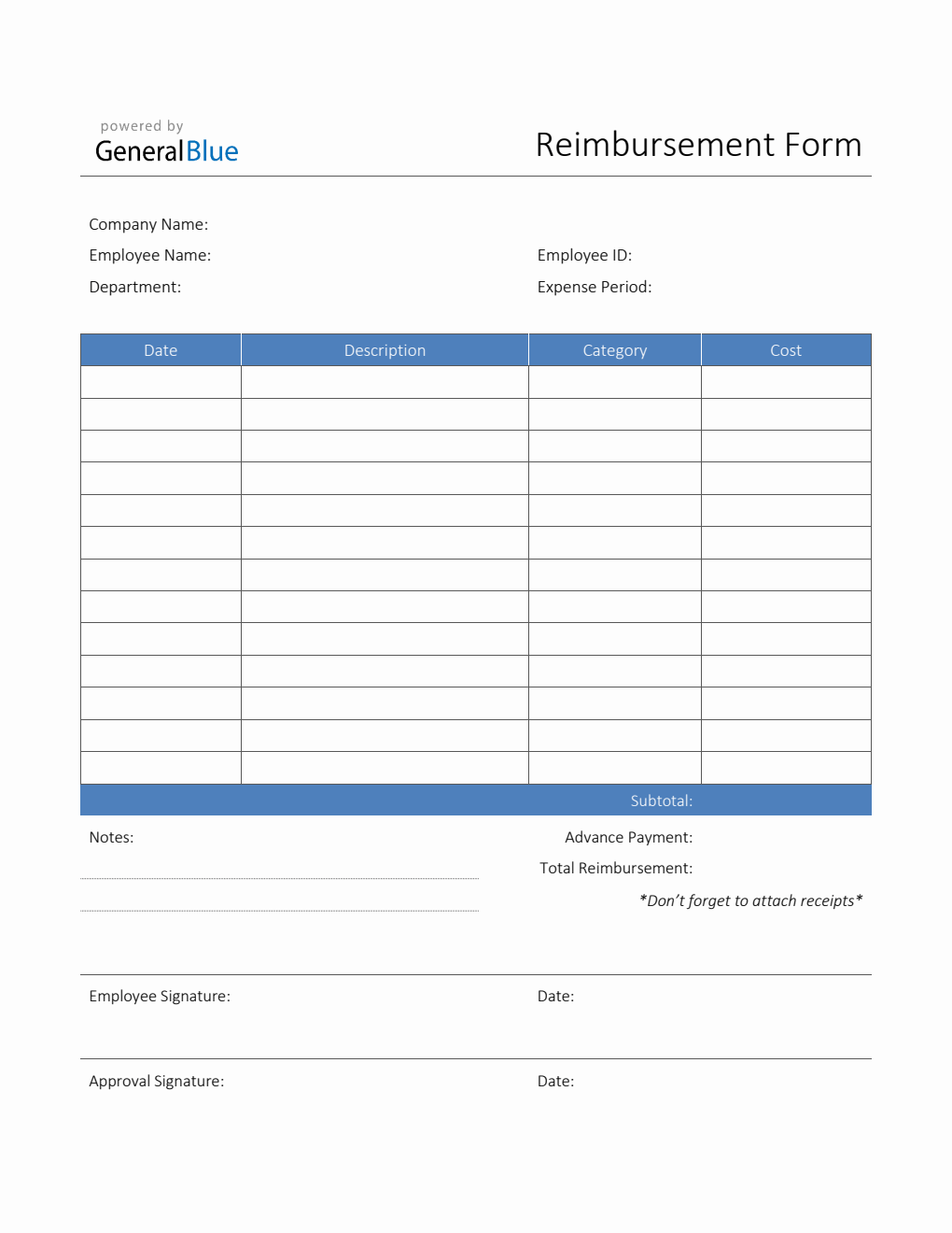 Printable Reimbursement Form in PDF (Blue)