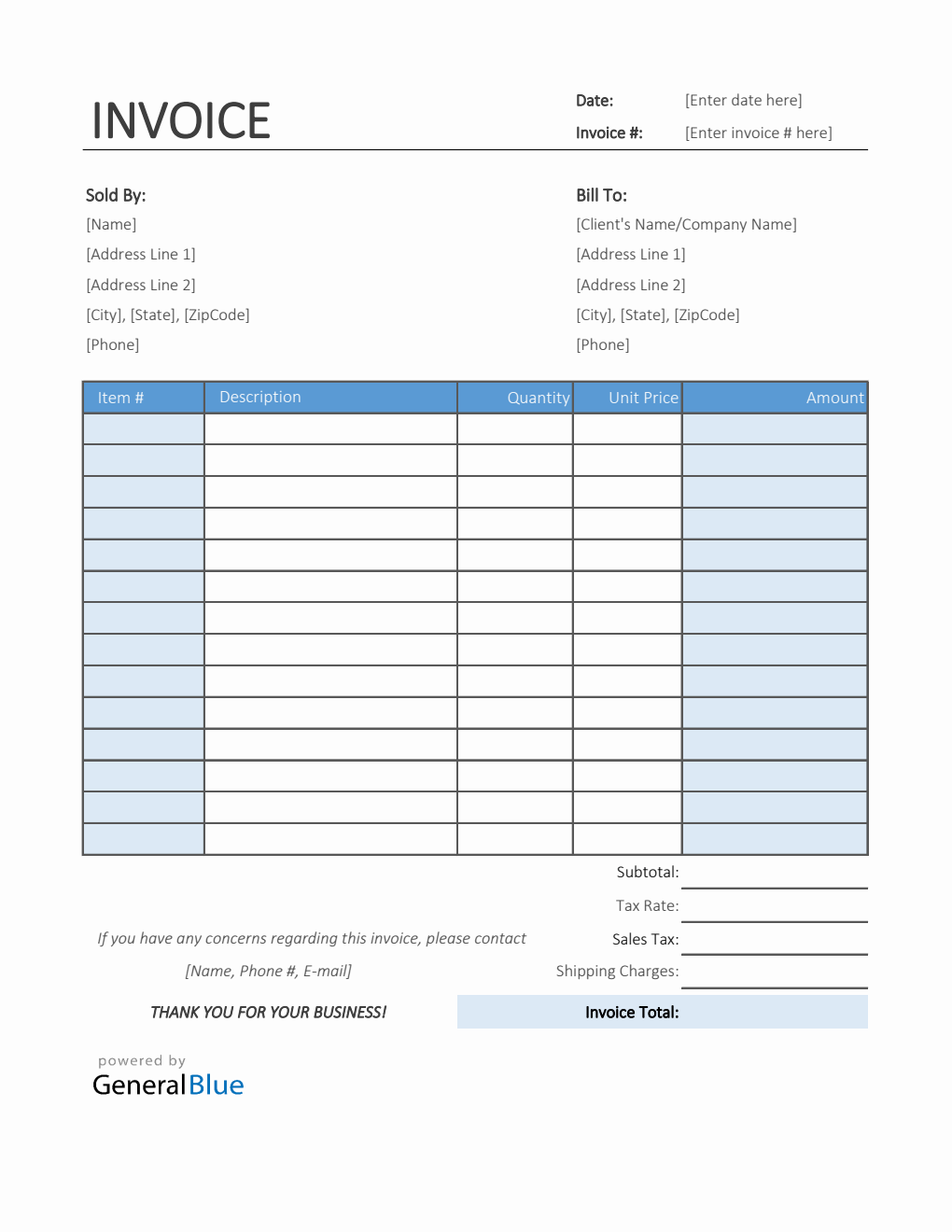 Printable Sales Invoice in Excel (Colorful)