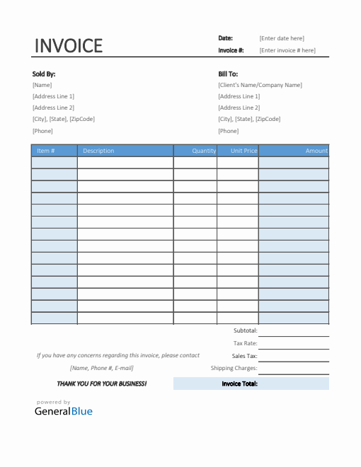 Printable Sales Invoice in Excel (Colorful)