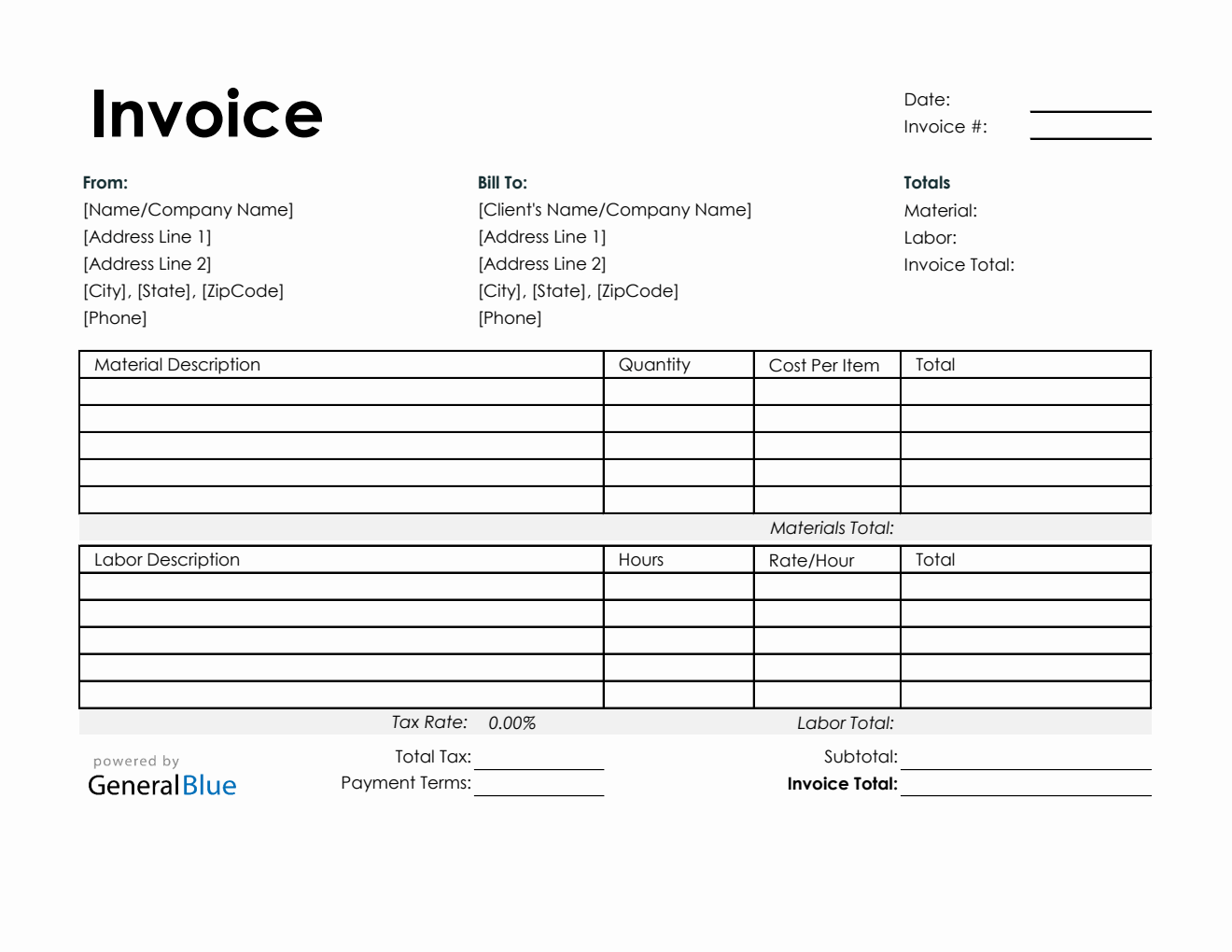 Printable Time and Materials Invoice in PDF (Simple)