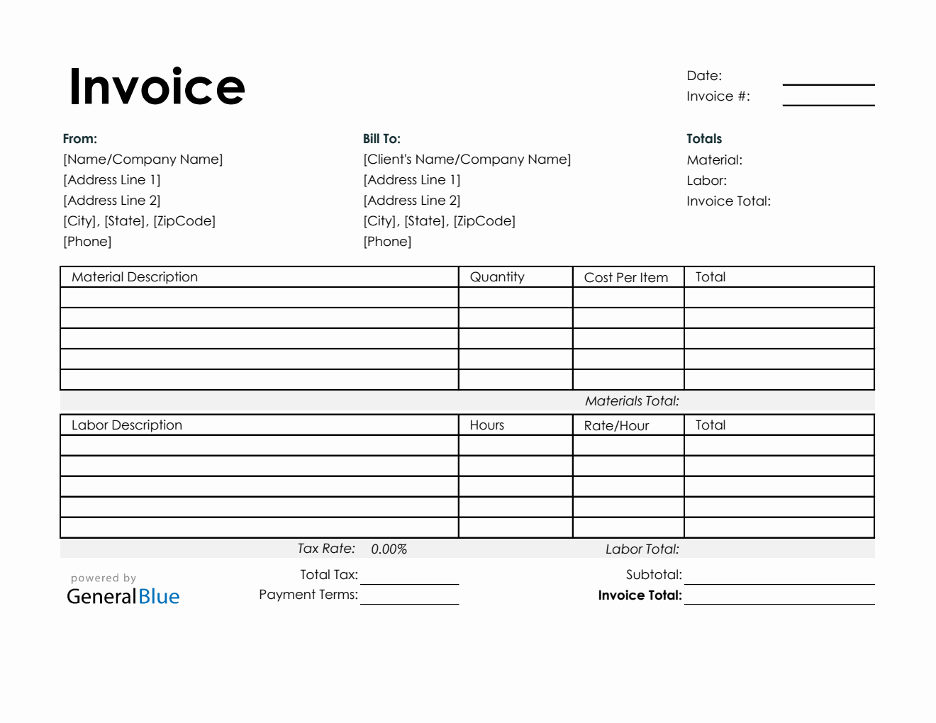 Printable Time and Materials Invoice in Excel (Simple)