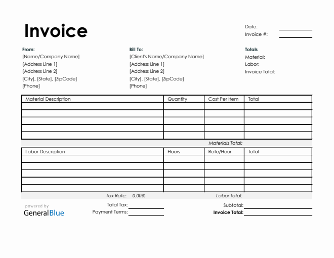 Printable Time and Materials Invoice in Excel (Simple)