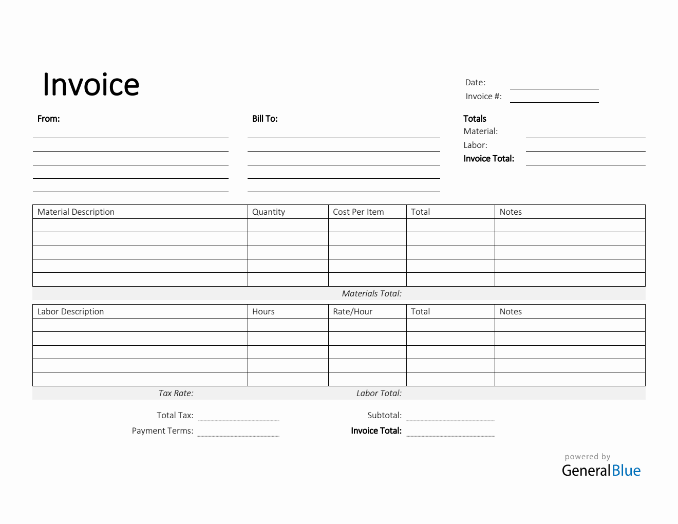 Printable Time and Materials Invoice in PDF (Simple)