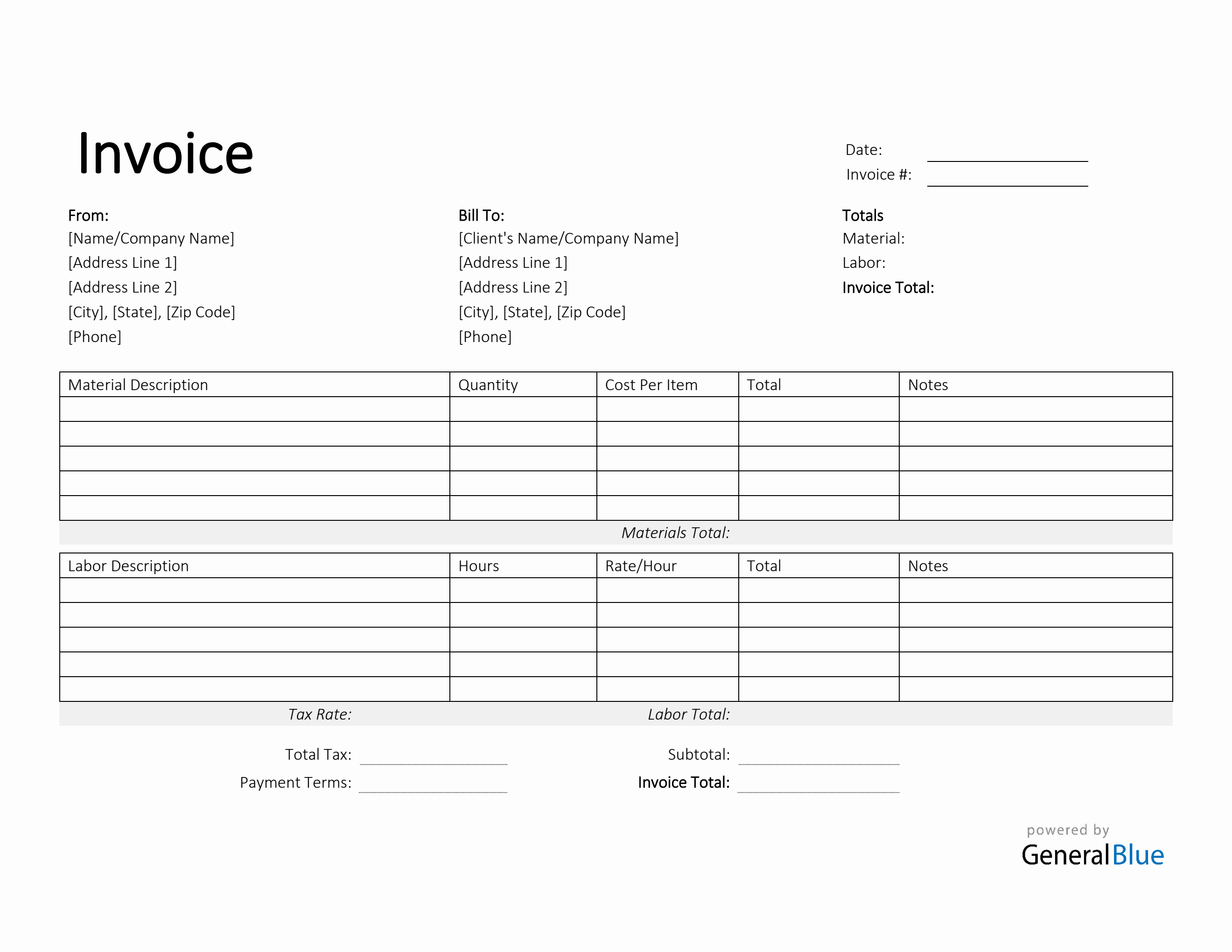 Printable Time And Materials Invoice In Word Simple