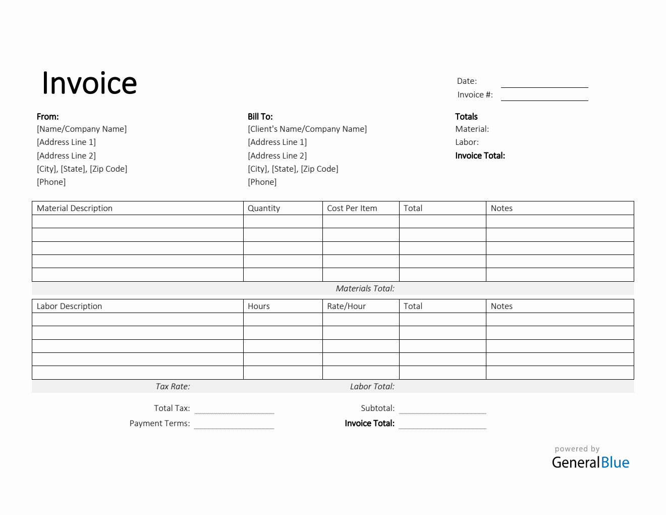 Printable Time and Materials Invoice in Word (Simple)