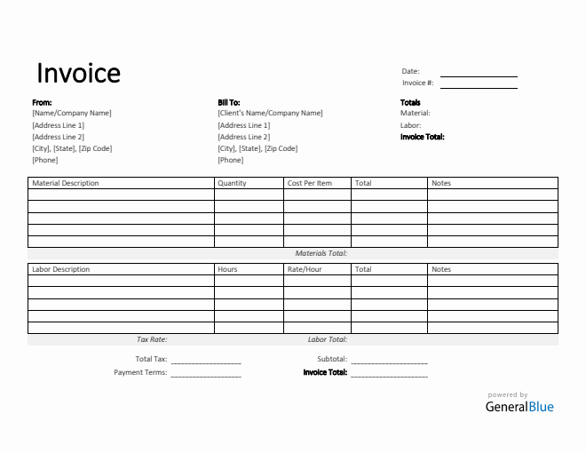 Printable Time and Materials Invoice in Word (Simple)