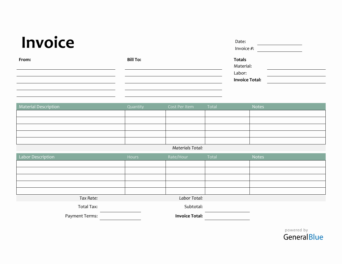 Printable Time and Materials Invoice in PDF (Green)