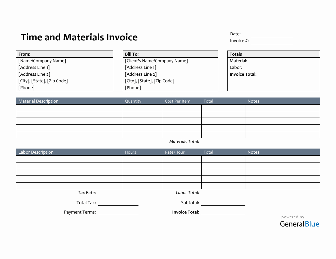 Printable Time and Materials Invoice in Word (Colorful)