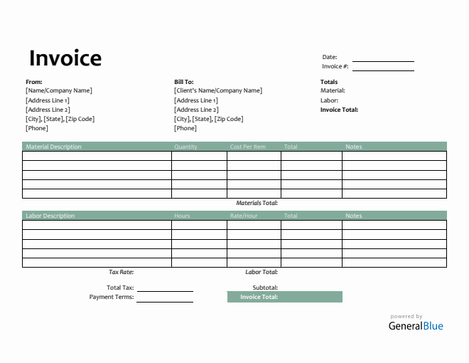 Printable Time and Materials Invoice in Word (Green)