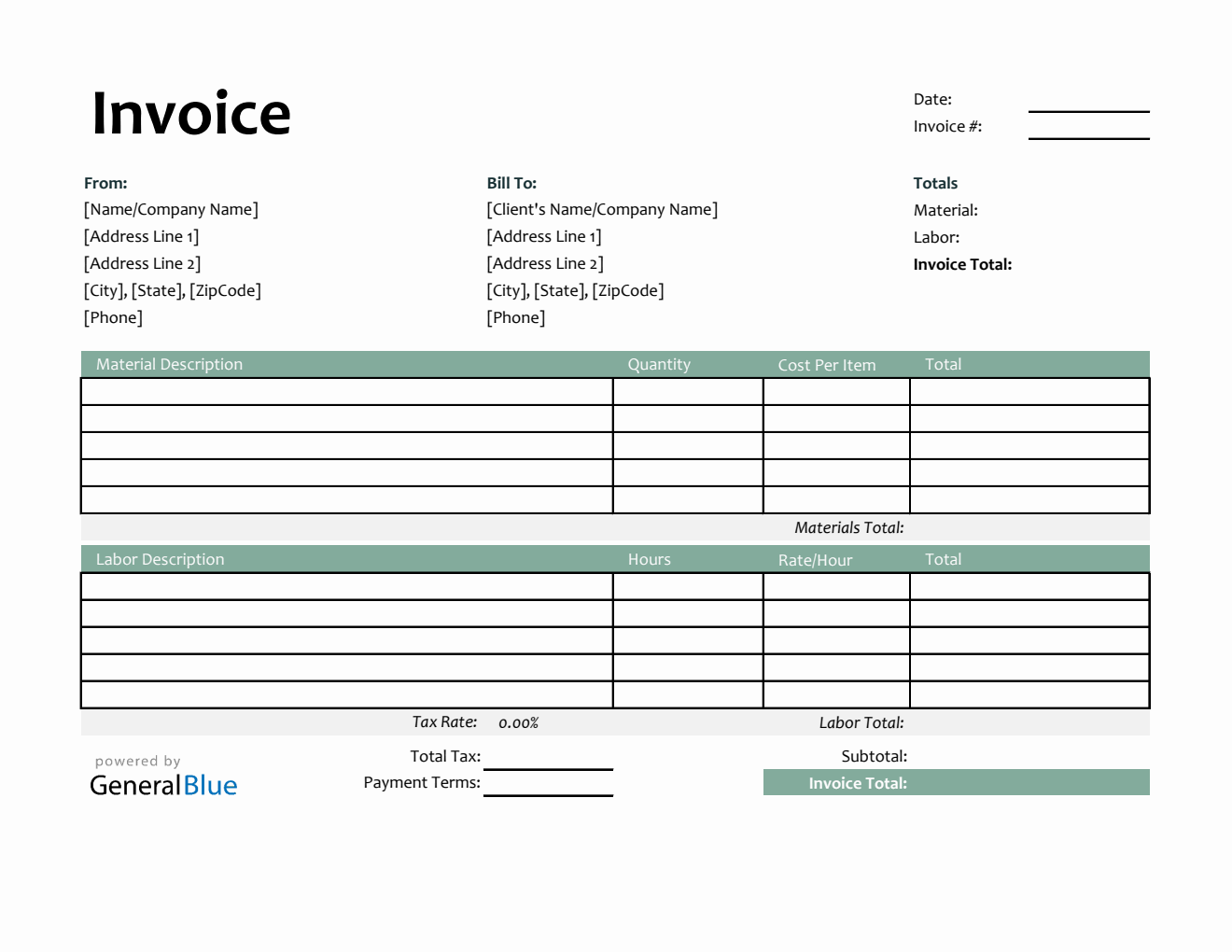 Printable Time and Materials Invoice in Excel (Green)