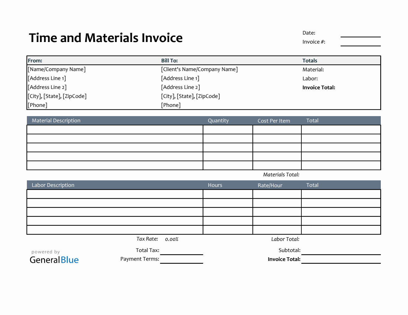 Printable Time and Materials Invoice in Excel (Colorful)
