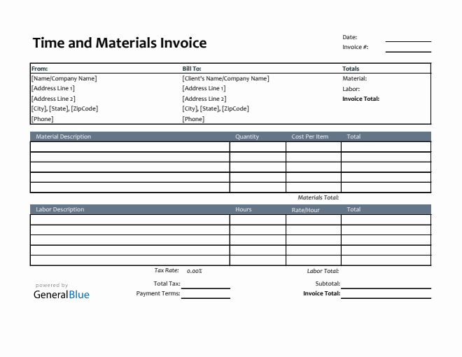 Printable Time and Materials Invoice in Excel (Colorful)