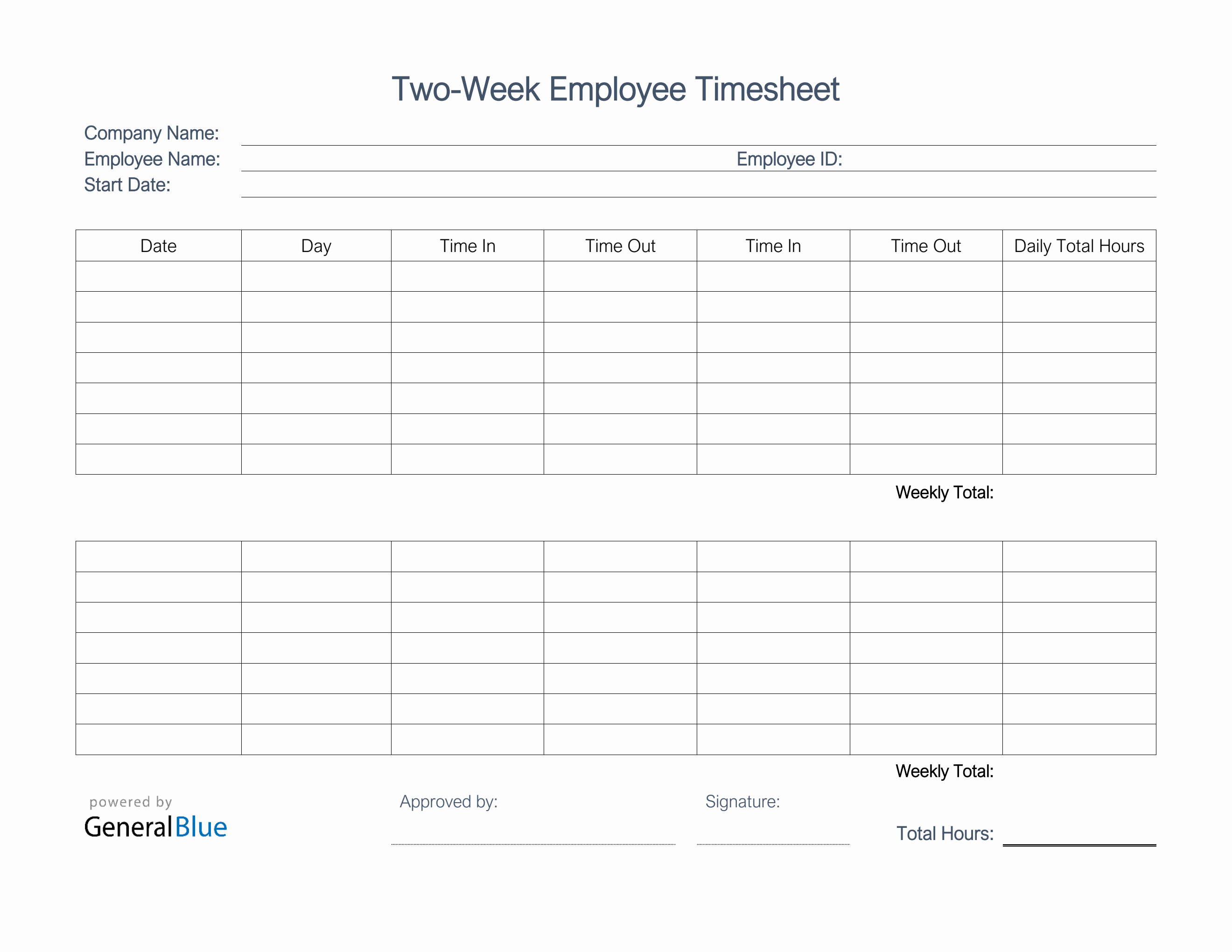 Printable Two-Week Employee Timesheet in PDF Printable Two-Week Employee Timesheet in PDF