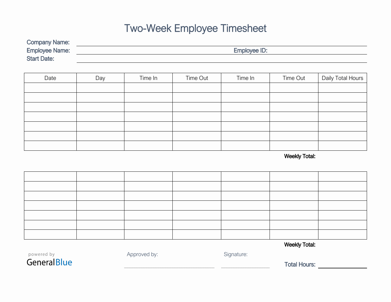 Printable Two-Week Employee Timesheet in PDF