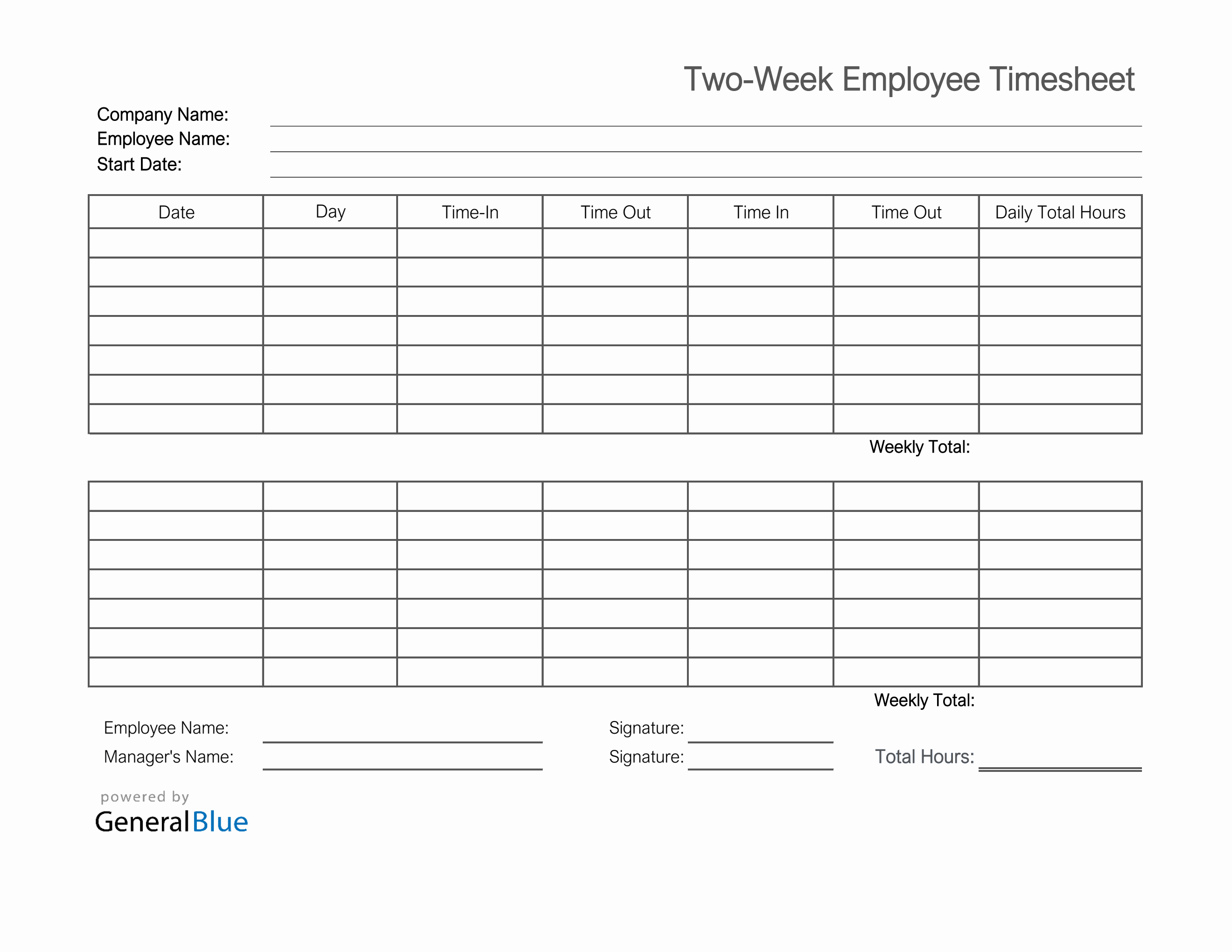 Printable Two Week Employee Timesheet in Excel
