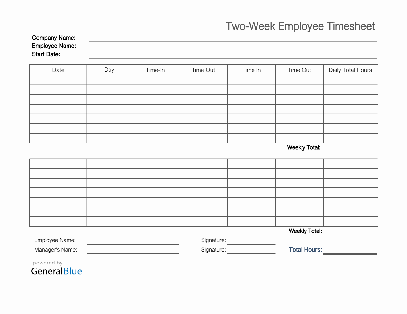Printable Two-Week Employee Timesheet in Excel