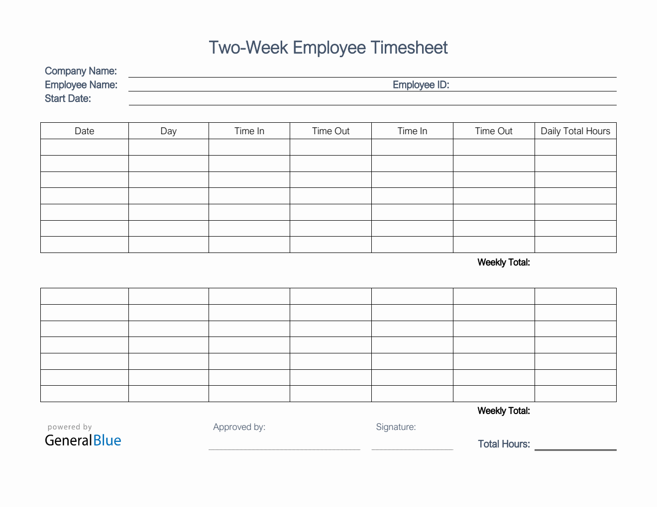 Printable Two-Week Employee Timesheet in Word