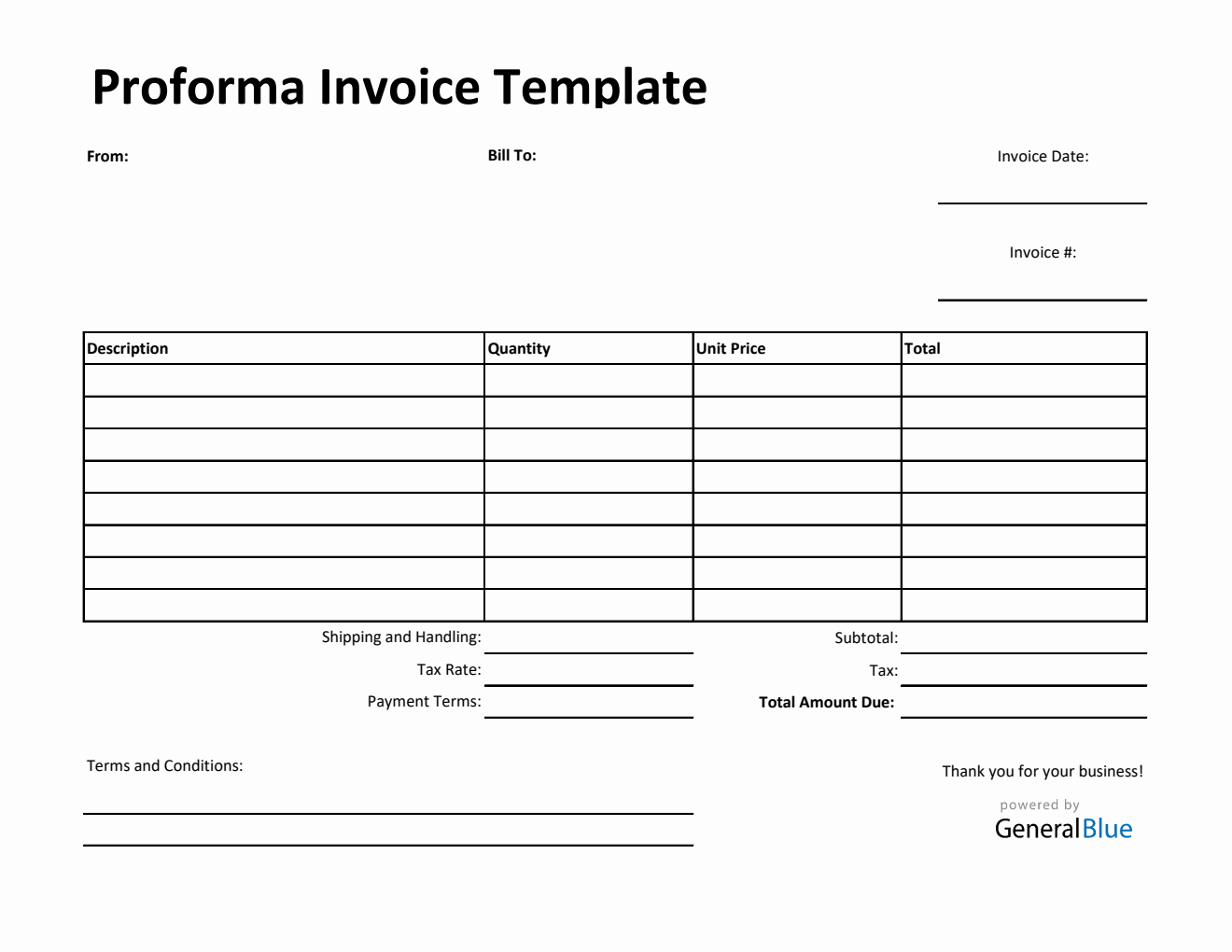 Printable Proforma Invoice Template in Excel