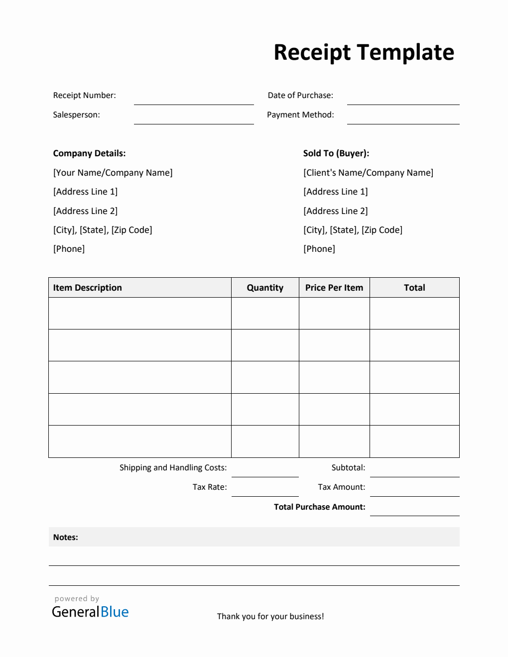 Basic Receipt Template with Notes in Word