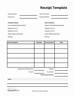Basic Receipt Template with Notes in Word
