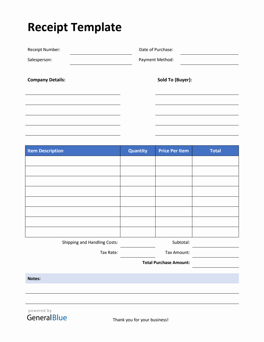 Simple Receipt Template with Notes in PDF