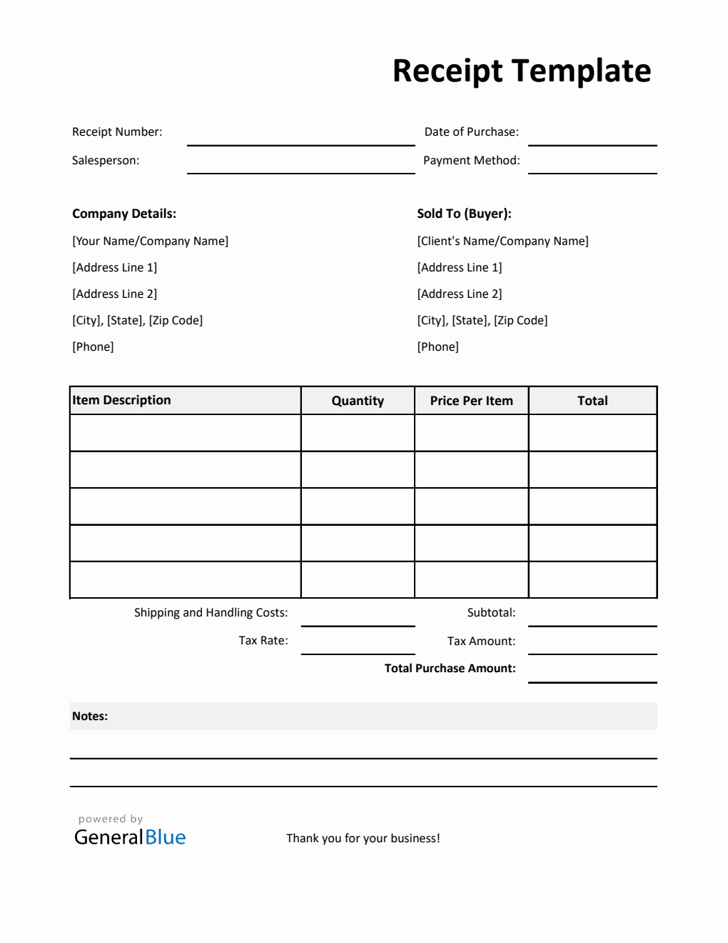 Basic Receipt Template with Notes in Excel