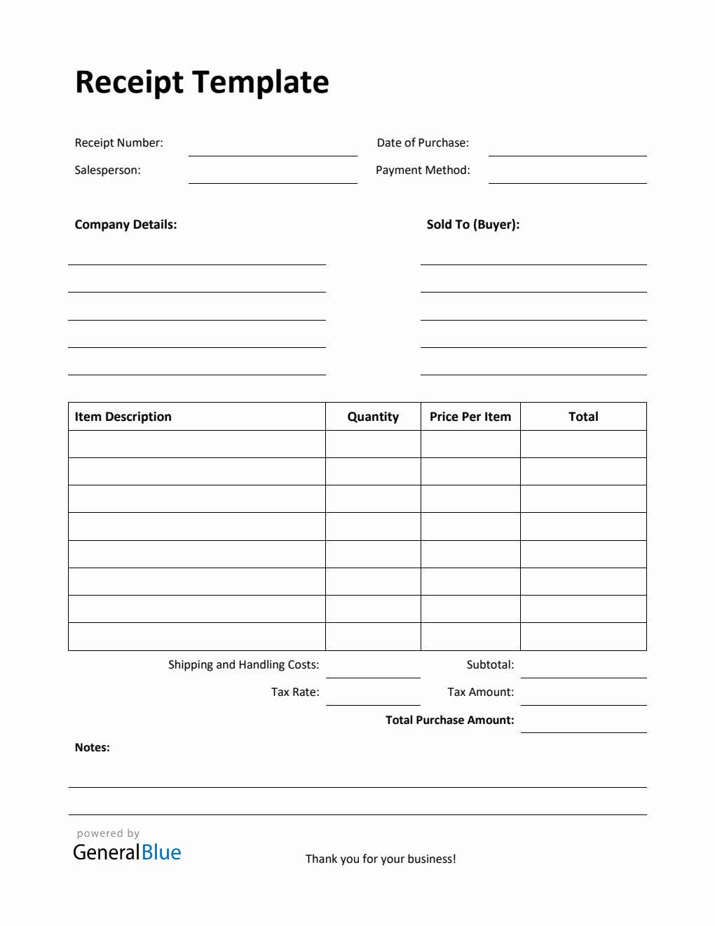 Printable Receipt Template with Notes in Word
