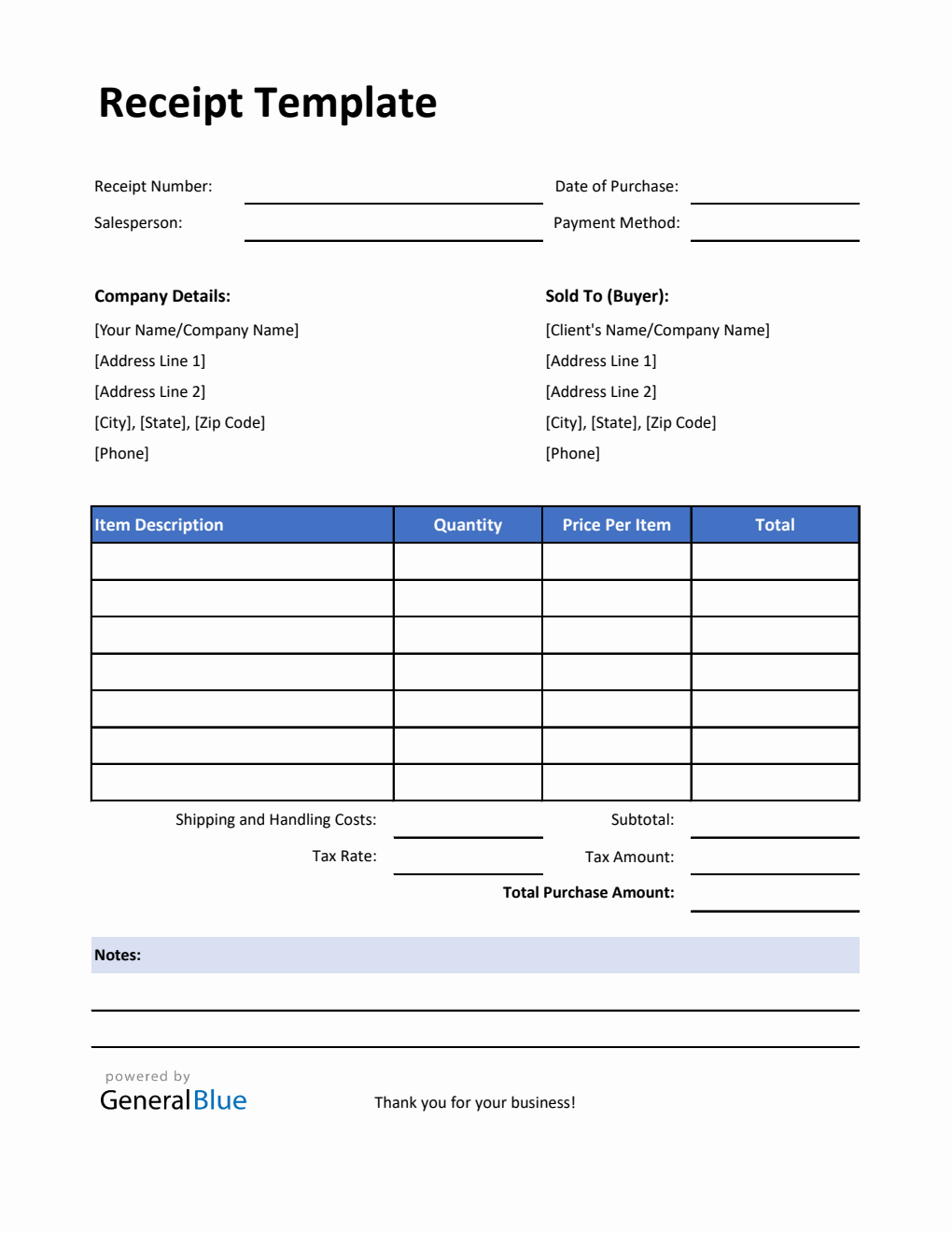 Simple Receipt Template with Notes in Excel