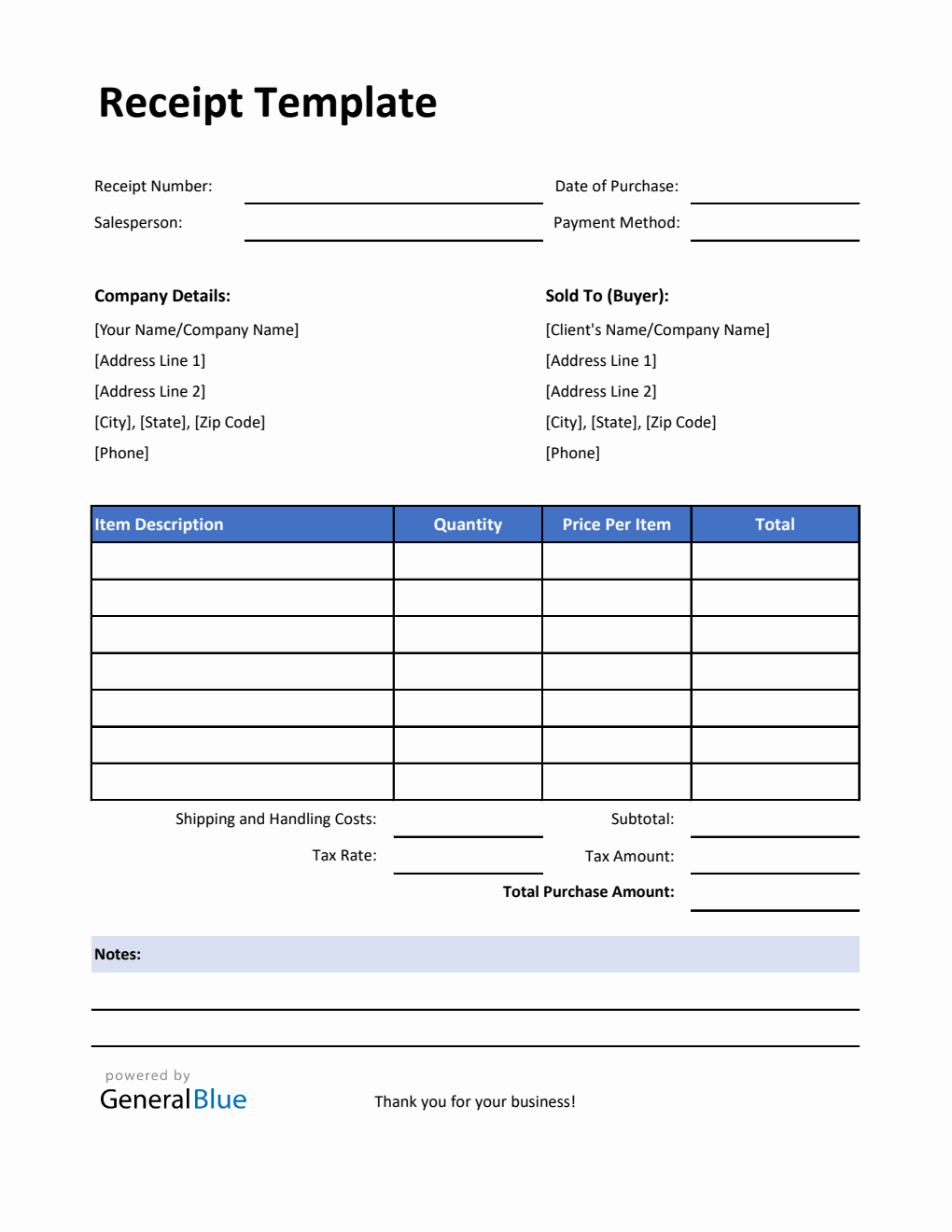 Simple Recpt Form Simple Receipt Template with Notes in Word