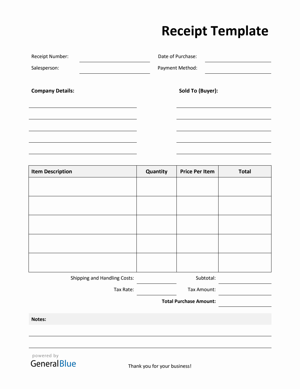Basic Receipt Template with Notes in PDF