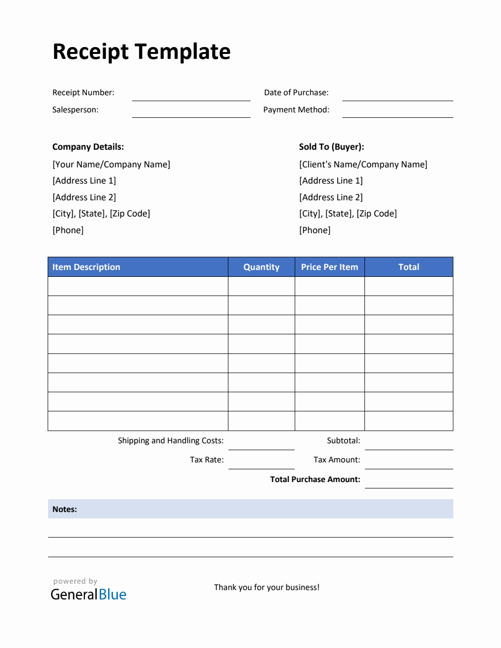 Simple Receipt Template with Notes in Word