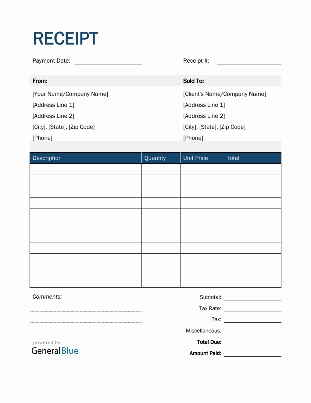 receipt template in word blue