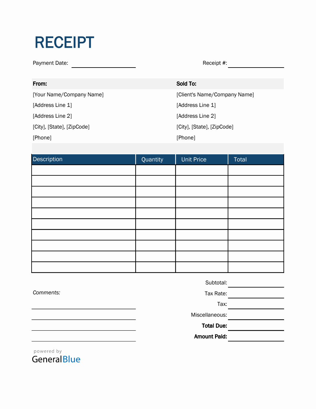 Receipt Template in Excel (Blue)