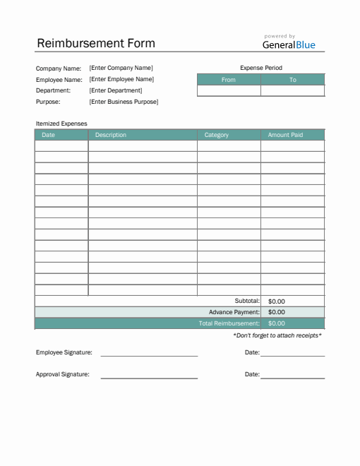 Reimbursement Form in Excel (Simple)