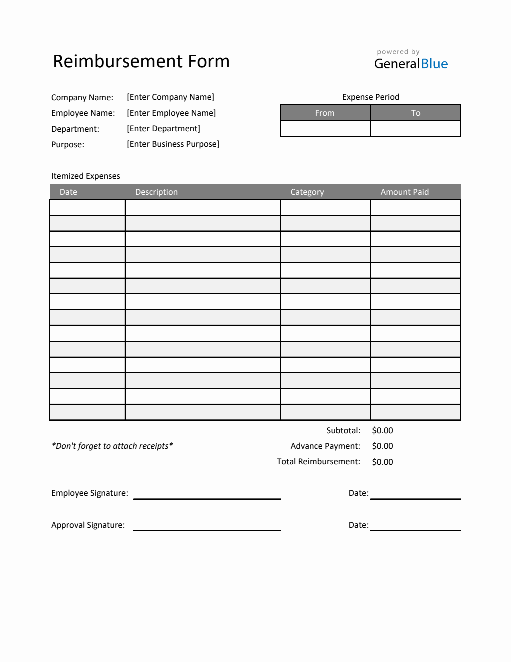 Reimbursement Form in Excel (Striped)