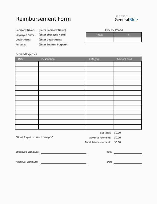 Reimbursement Form in Excel (Striped)