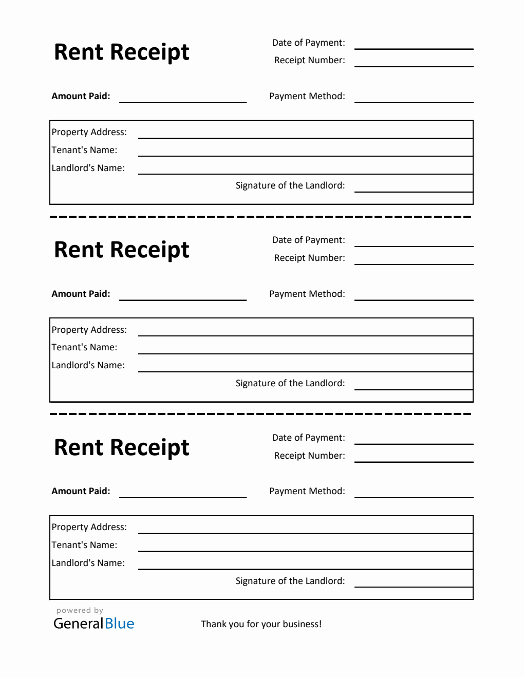Printable Rent Receipt Template in Excel