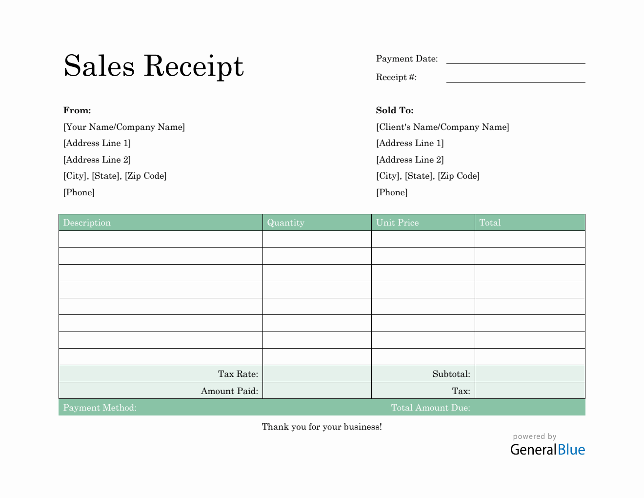 Sales Receipt Template in Word (Green)