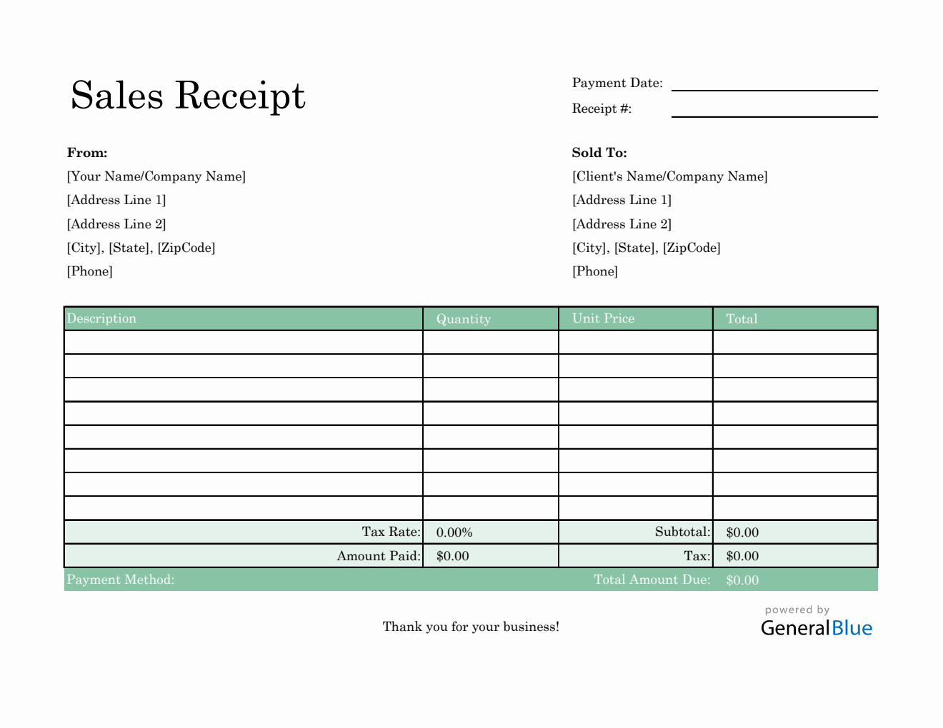 Sales Receipt Template in Excel (Green)
