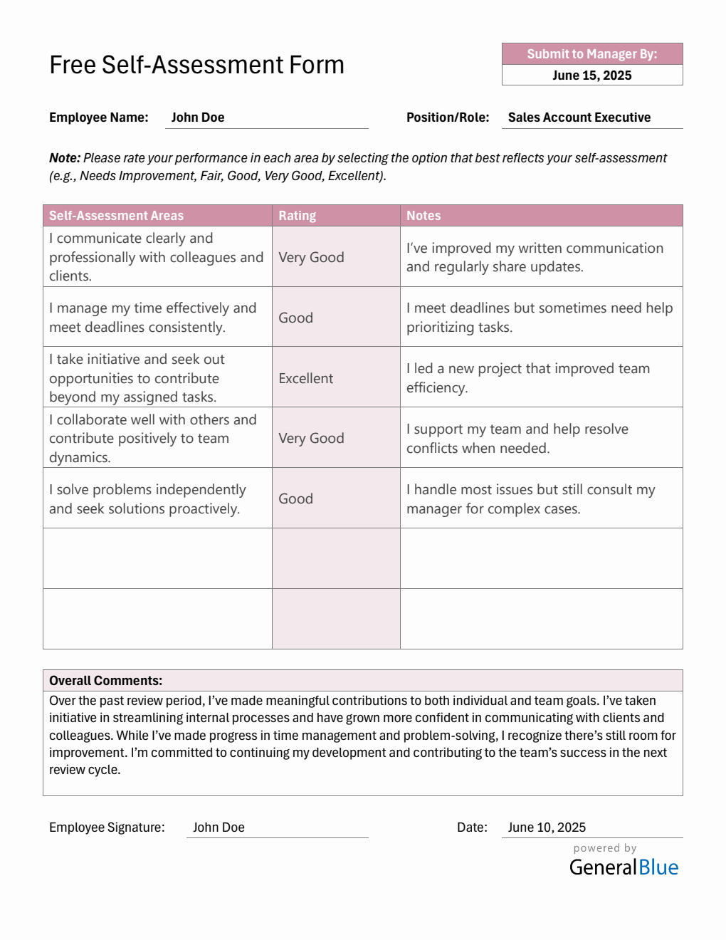 Free  Employee Self-Assessment Template for Work (Word)