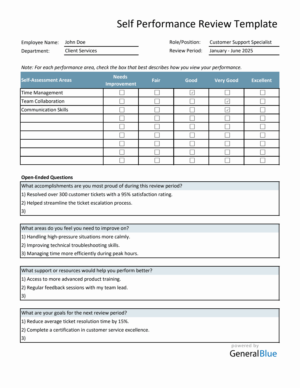 Customizable Employee Self Evaluation Performance Review Template (Excel)