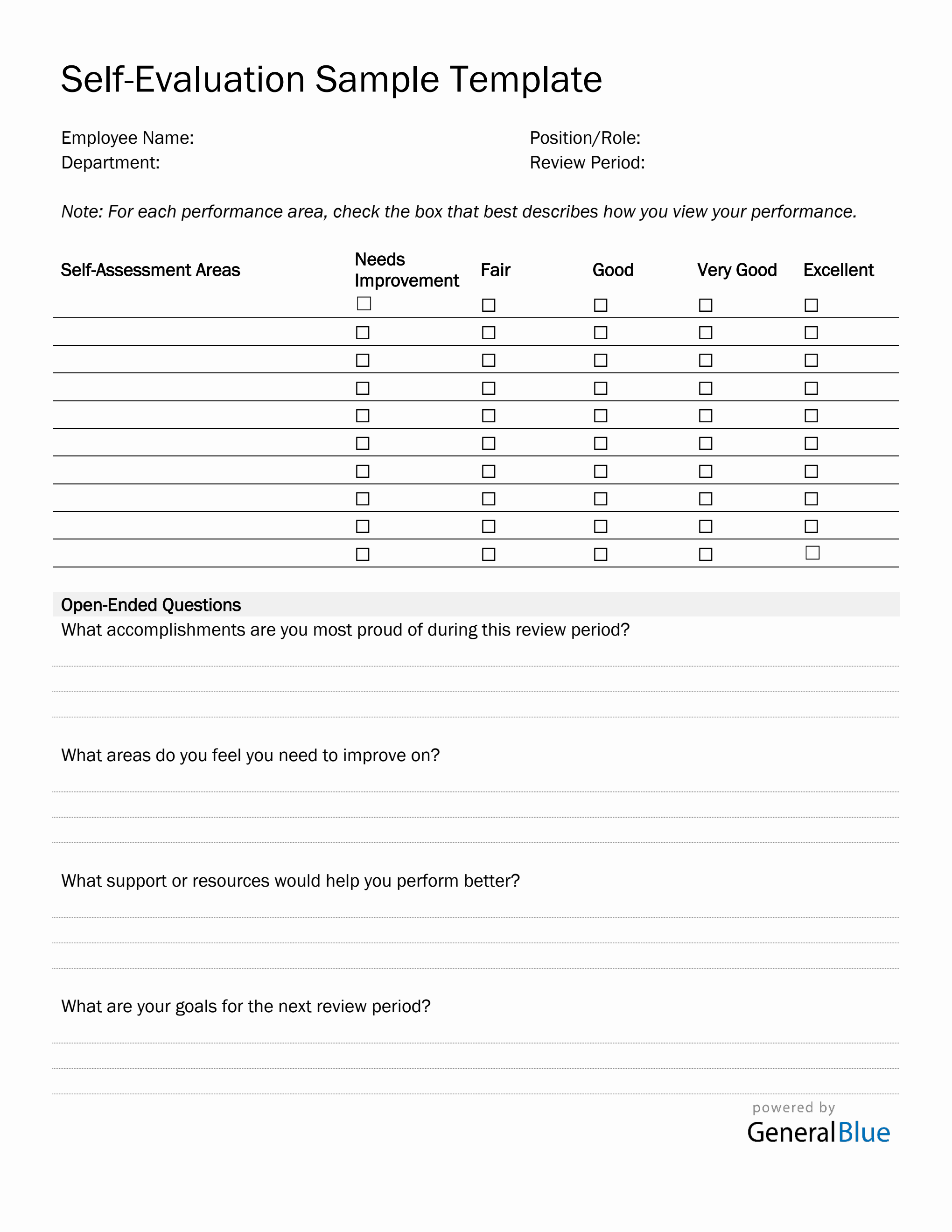 Performance Reflection Printable Employee Self Evaluation Performance Review Template (PDF)