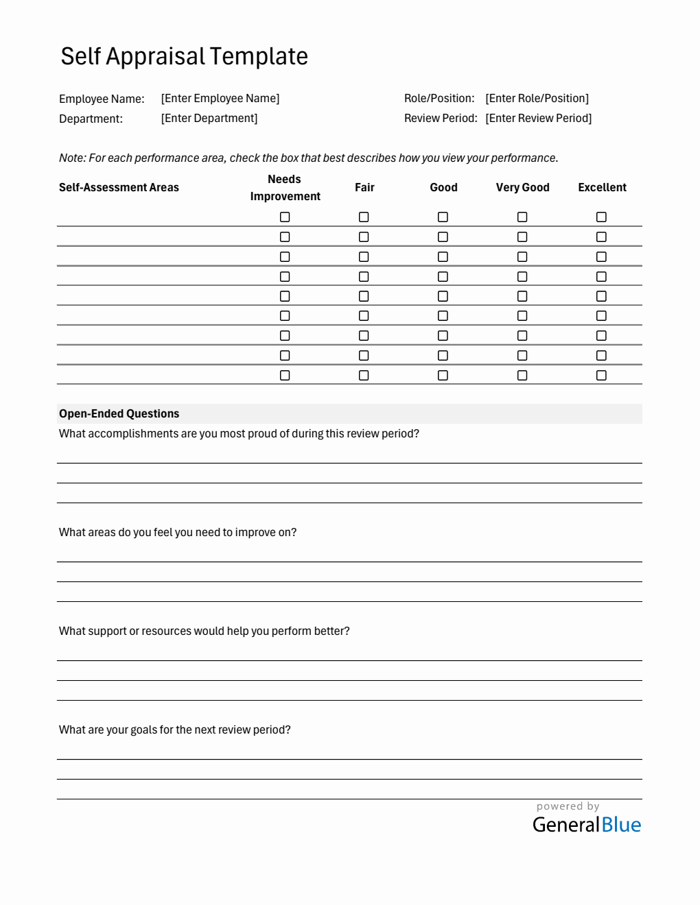Printable Employee Self Evaluation Performance Review Template (Excel)