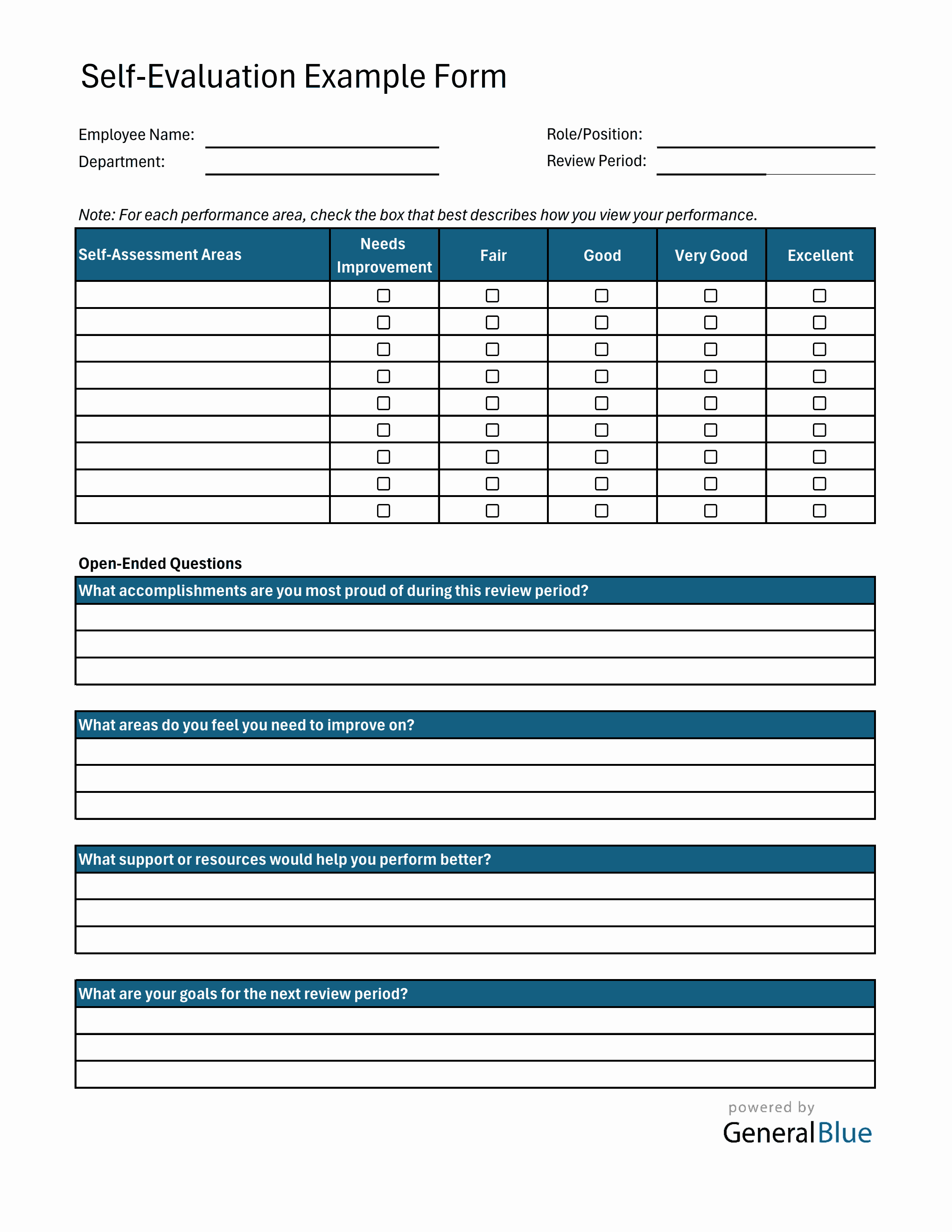 Downloadable Employee Self Evaluation Performance Review Template (Excel)