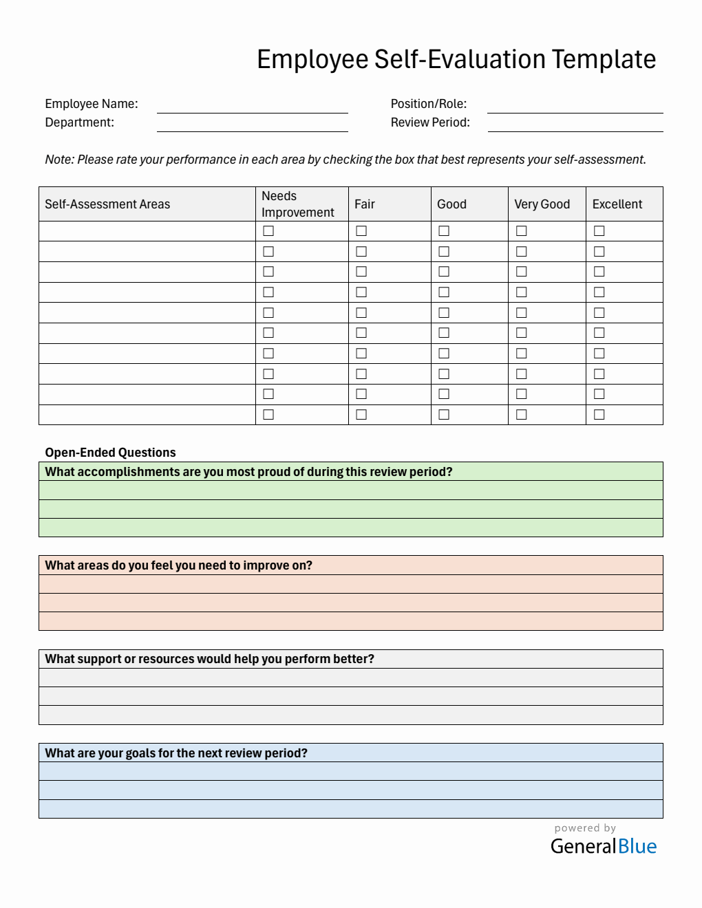 Downloadable Employee Self Evaluation Performance Review Template (Word)