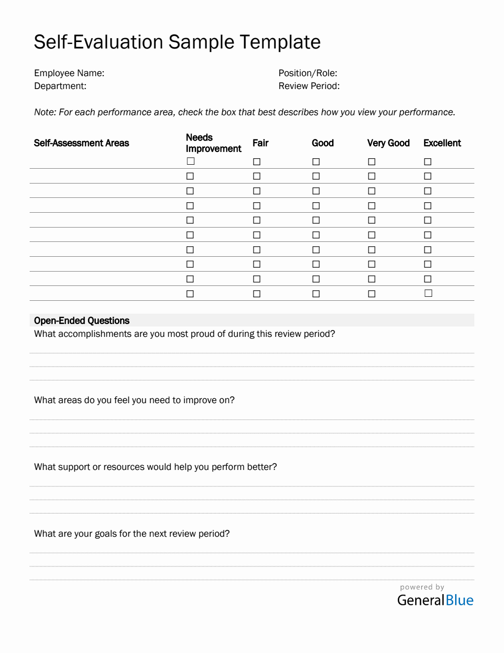 Printable Employee Self Evaluation Performance Review Template (Word)