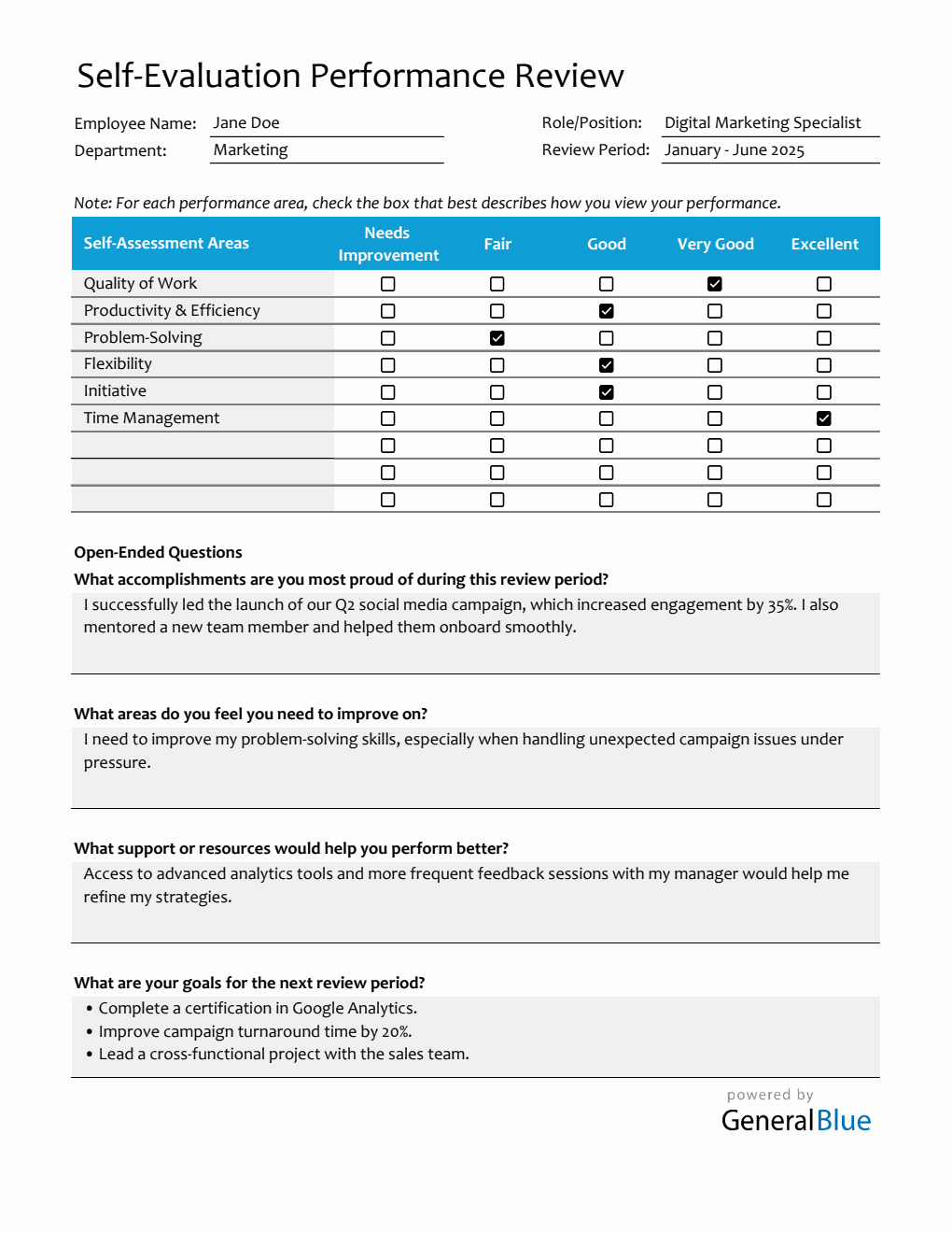 Customizable Employee Self Evaluation Performance Review Template (Excel)